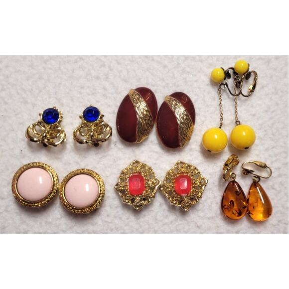Vintage 80s 90s Clip On Earrings 6 Pc Lot Button Dangle Colorful Pink Red Yellow - Picture 1 of 6